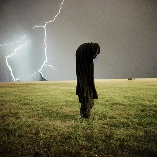 Prompt: scary unproportionally tall disfigured ghost creature in the middle of an old battlefield, thunderstorm, 35mm picture