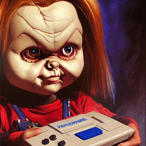 Image similar to the doll chucky playing super nintendo, oil painting, by greg rutkowski