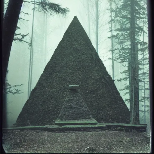 Image similar to a stone pyramid in the middle of a forest clearing, foggy, eerie, creepy, unsettling, lost footage, old polaroid, expired film,