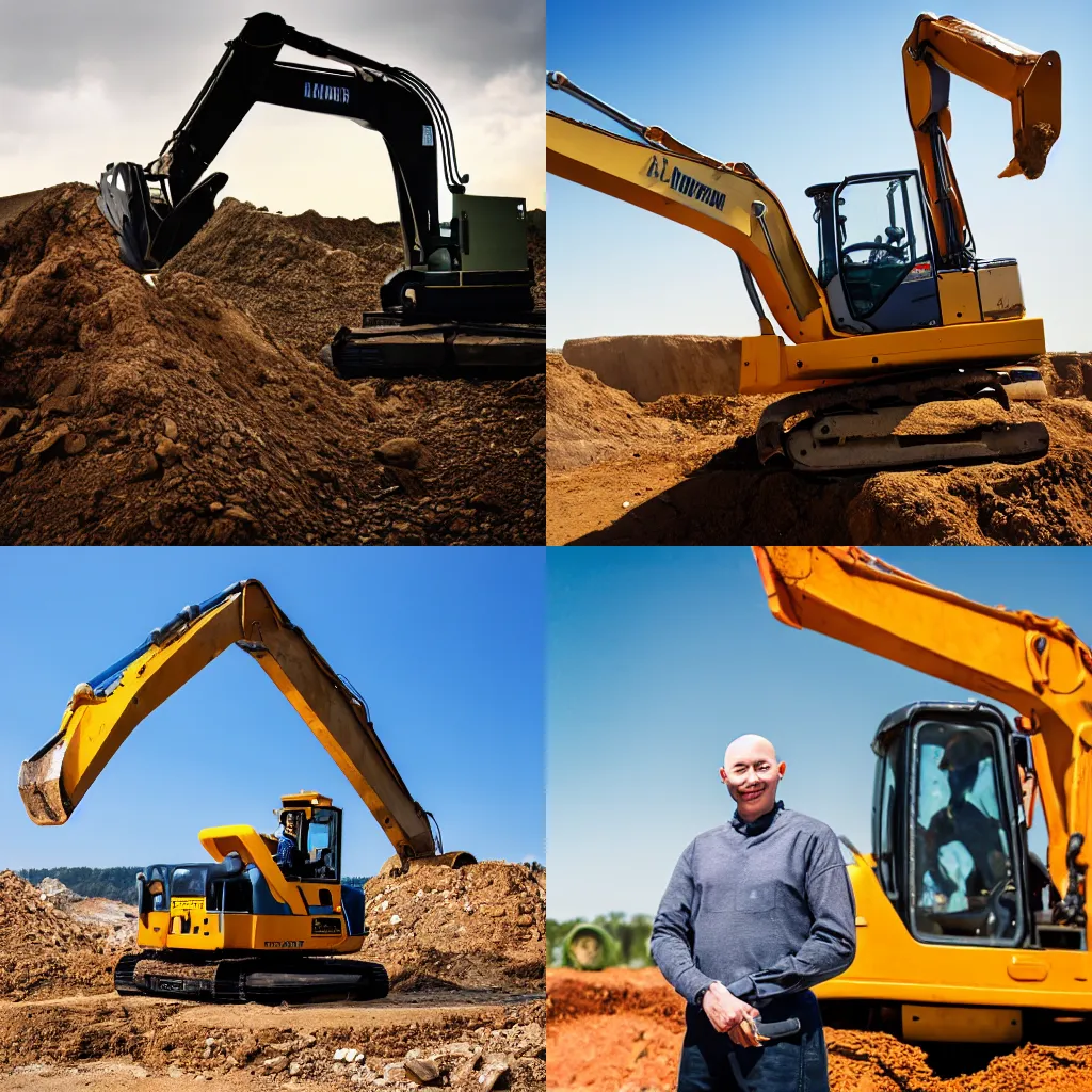 Prompt: Photography of a bald man near en excavator