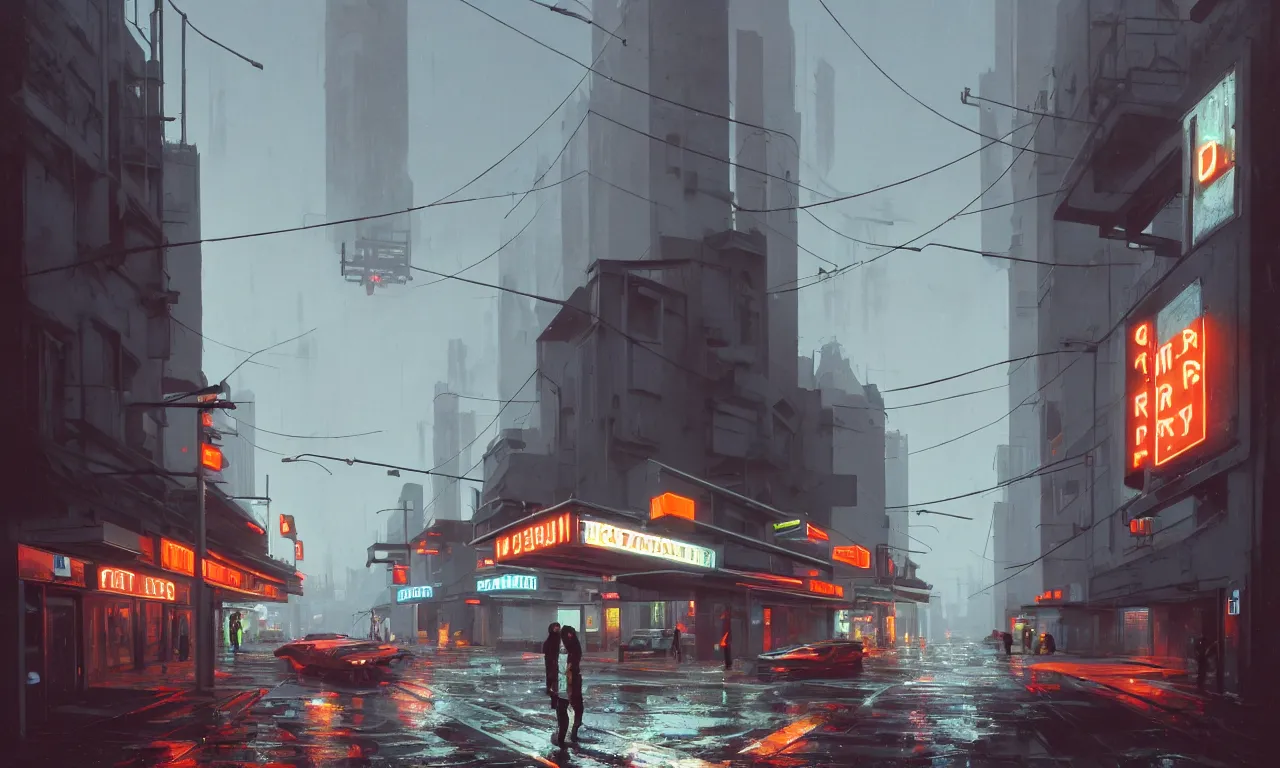 Image similar to photorealistic streetscape, simple brutalist architecture, metal, concrete, wet streets, white neon lights, colorful neon signs, flying vehicles, pedestrians, greg rutkowski, syd mead, ralph mcquarrie, concept art, matte painting, finely detailed, minimal artifacts, rule of thirds, dynamic lighting, cinematic, denoised, centered, artstation