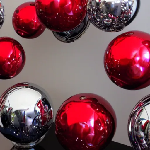 Prompt: chrome spheres on a red cube, hydro-dipped