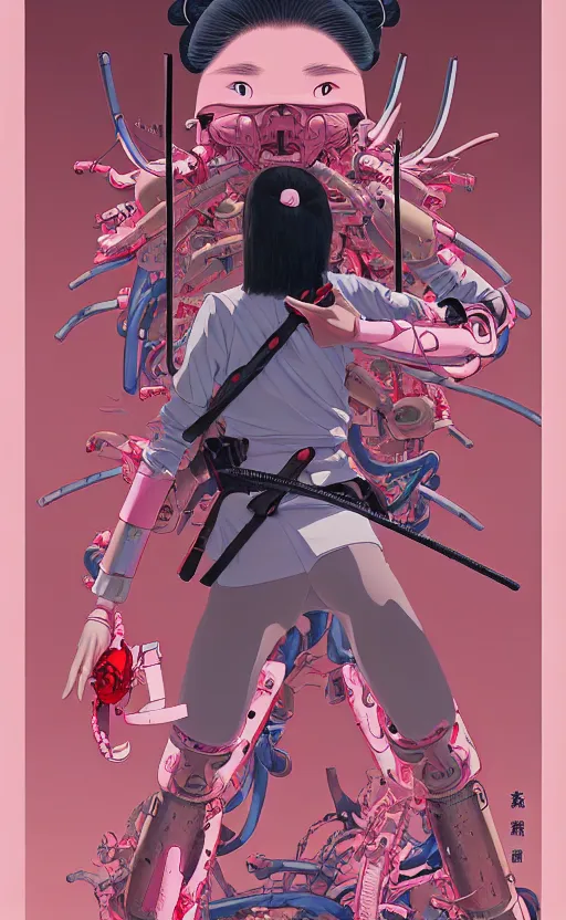 Image similar to Artwork by James Jean, Phil noto and hiyao Miyazaki ; a young Japanese future samurai police girl named Yoshimi battles an enormous looming evil natured carnivorous pink robot on the streets of Tokyo; Japanese shops and neon signage; crowds of people running; Art work by hiyao Miyazaki, Phil noto and James Jean