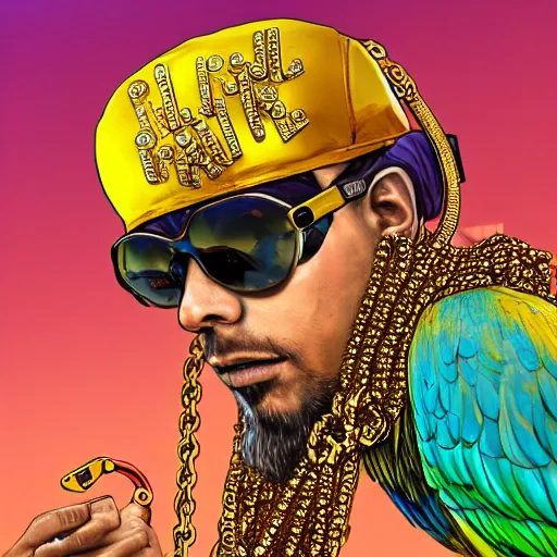 Image similar to parrots wearing golden rings and necklaces, with rap cap on head, rapping and sitting on golden trees, rap scene, cyberpunk concept art, trending on artstation, highly detailed, digital art, 8 k