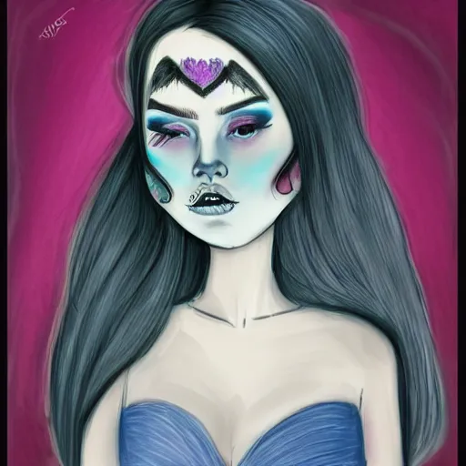 Prompt: beautiful grumpy girl, portrait, ice magic, dark hair and makeup, hand drawing, colour