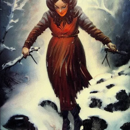 Image similar to ultra realistic portrait painting of a witch in the snow by a fire, art by frank frazetta, vintage levi ’ s ad, stormy weather, dark vibes, 4 k, ultra realistic, highly detailed, epic lighting