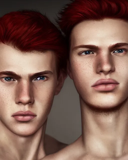 Prompt: portrait of 1 9 - year - old male twins with red hair and freckles, two male, wearing shirts,, hyper realistic face, beautiful eyes, character art, art by mark brooks, hyperdetailed, cryengine, trending on artstation, digital art