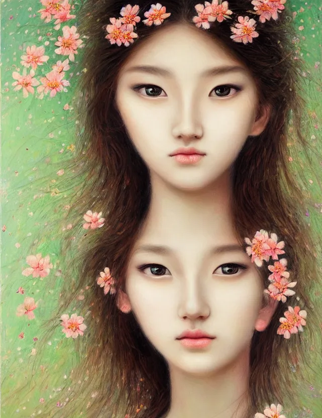 Image similar to flower girl, wonderful eyes, her loose hair, delicate, intricate details, a real masterpiece, oil on canvas, author li zhang