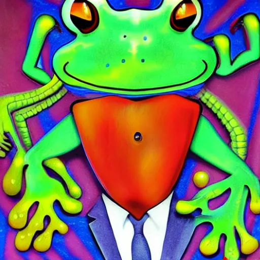 Prompt: businessman in a psychedelic trip by a poisonous frog hyper realism, high detail, octane