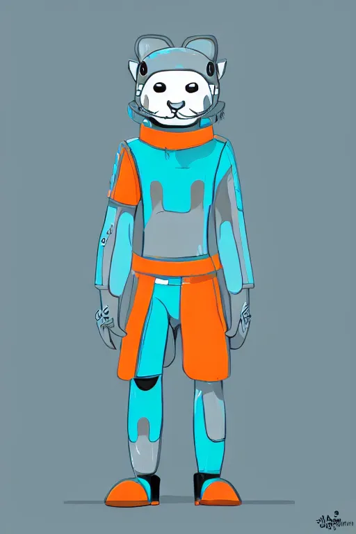 Prompt: photo of a cute male gray turquoise white orange otter fursona wearing tight futuristic clothes a city, fantasy, paws, 8 k resolution, hyper detailed, character design