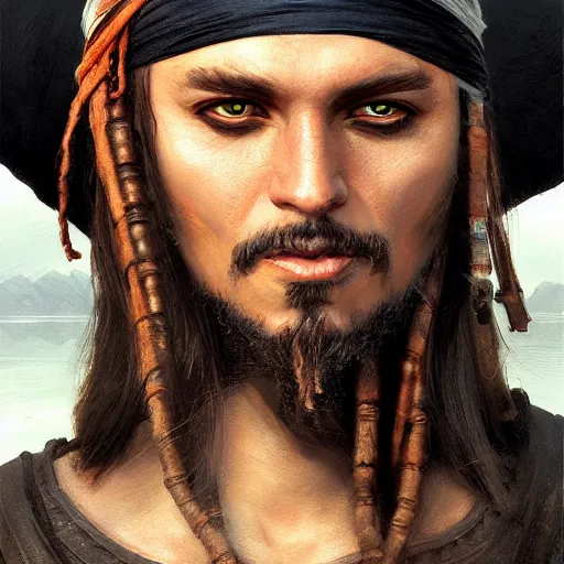 Prompt: pirate closeup portrait, dramatic light, lake background, 2 0 0 mm focal length, painted by stanley lau, painted by greg rutkowski, painted by stanley artgerm, digital art, trending on artstation