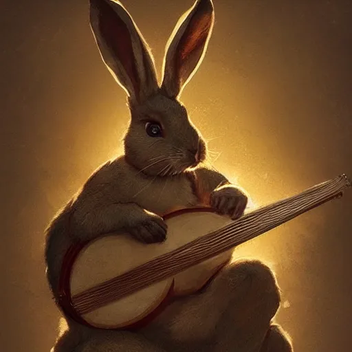 Image similar to An anthropomorphic rabbit plays the lute, highly detailed, artstation, greg rutkowski