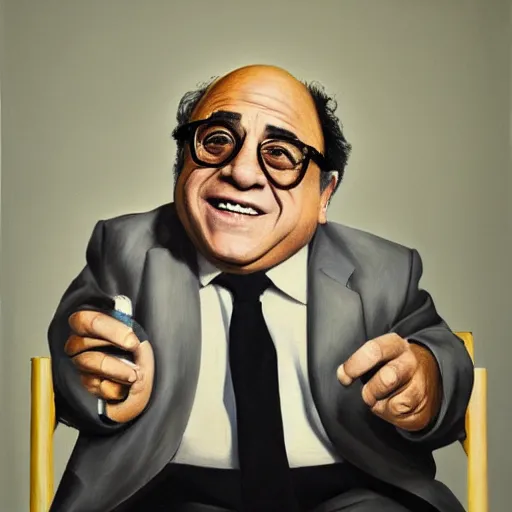 Image similar to danny devito holding a modern 6 0 s style ægget chair, eggshell color, renaissance still life painting, masterpiece, realistic light and shadow, trending on artstation, highly detailed, photorealism