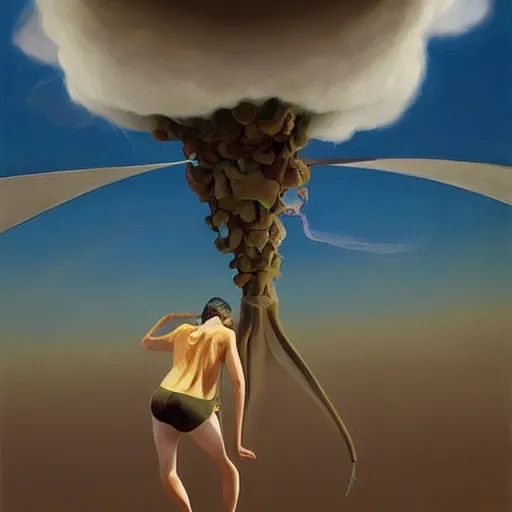 Image similar to Giant insects fly through the air, as a tornado approaches, by Takashi Murakami, Edward Hopper, Bo Bartlett, and Cynthia Sheppard, Artstation