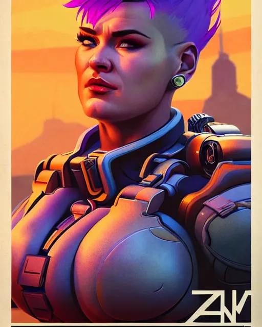 Image similar to zarya from overwatch, character portrait, portrait, close up, concept art, intricate details, highly detailed, vintage sci - fi poster, retro future, in the style of chris foss, rodger dean, moebius, michael whelan, and gustave dore