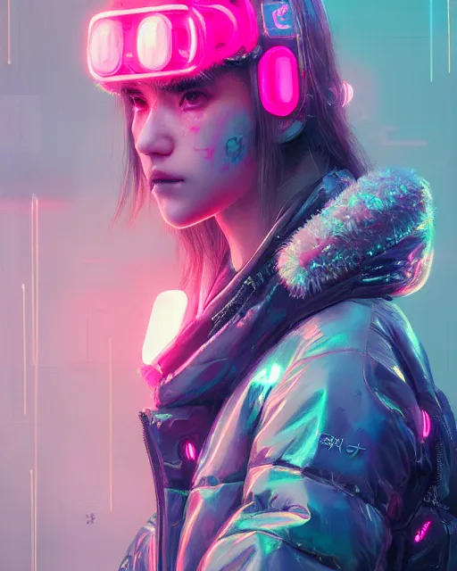 Image similar to detailed portrait Neon Operator Girl, cyberpunk futuristic neon, reflective puffy coat, decorated with traditional Japanese ornaments by Ismail inceoglu dragan bibin hans thoma greg rutkowski Alexandros Pyromallis Nekro Rene Maritte Illustrated, Perfect face, fine details, realistic shaded, fine-face, pretty face