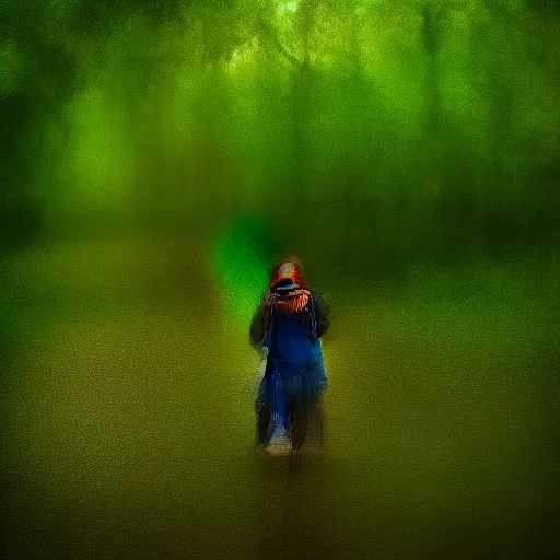 Prompt: thin little girl in a swamp wearing old gas mask. Water to her knees. Bayou. Dark Green forest. Late afternoon. Foggy. Fireflies fly around