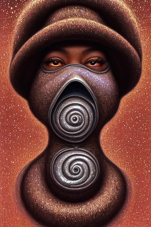 Image similar to anthropomorphic spiral head in sugar candyglitter oprah winfrey plague doctor, intricate, elegant, highly detailed face, wide angle, digital painting, artstation, concept art, sharp focus, illustration, art by artgerm, bob eggleton, stephen hickman, richard corben, wayne barlowe, greg rutkowski, alphonse mucha, 8 k