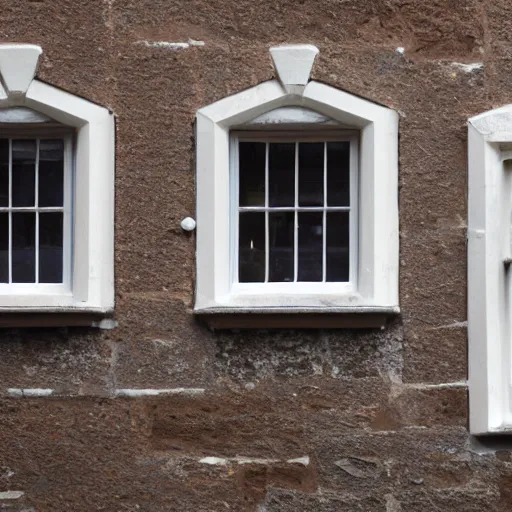 Image similar to single triangular or round sash window on a british wall, surprised and perplexed builders standing in front of it