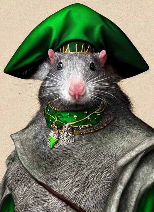 Image similar to gray rat standing on two legs, wearing jewelry, green eyes, tricorne hat, green robe, D&D, digital art, realistic, trending on artstation, 4k