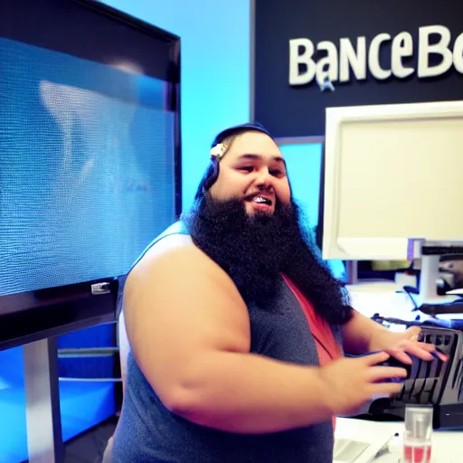 Image similar to a slightly overweight bangleshi man with a black beard playing on his 5000 dollar pc