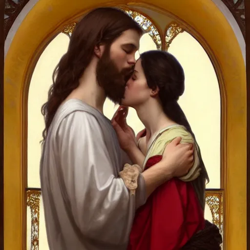 Image similar to jesus kissing a maria maddalena, elegant, highly detailed, digital painting, artstation, concept art, matte, sharp focus, highly detailed, 4 k, hdr, smooth, sharp focus, high resolution, award - winning photo, photorealistic, art by artgerm and greg rutkowski and alphonse mucha, large shot