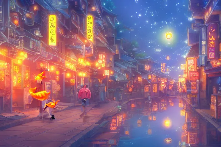 Image similar to fantasy art of glowing goldfish swimming in the air, in the streets of a japanese town at night, with people watching in wonder, by makoto shinkai, highly detailed digital art, trending on artstation