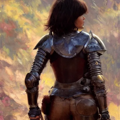 Prompt: close up of dora the explorer wearing leather armor, cinematographic shot, by daniel f. gerhartz