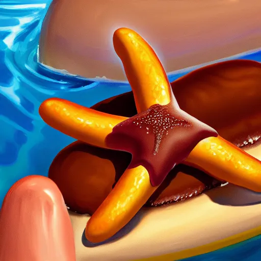 Prompt: chocolate starfish and the hot dog flavored water, oil painting, modern, hyper realism, artstation, unreal engine, 4 k, ultra detail, ultra quality