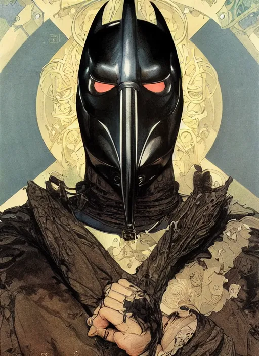 Prompt: detailed portrait of pinguin in batman, kn 9 5 mask, behance hd artstation, by moebius, alphonse mucha, ayami kojima, amano, greg hildebrandt, and mark brooks, masculine, male, art nouveau, neo - gothic, gothic, character concept design, dynamic light, stylised illustration, disco elysium, highly details