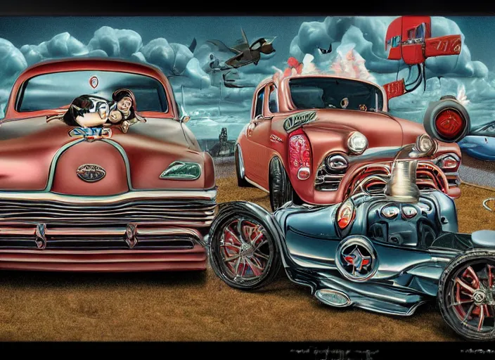 Image similar to americana dream cars, lowbrow, matte painting, 3 - d highly detailed, in the style of mark ryden,