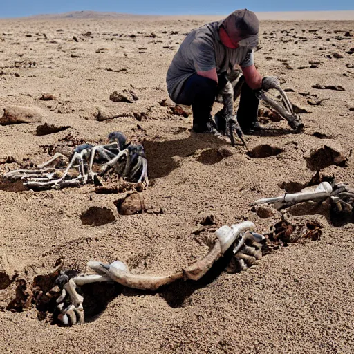Prompt: man digging up a human skeleton, desert, sand, skull
