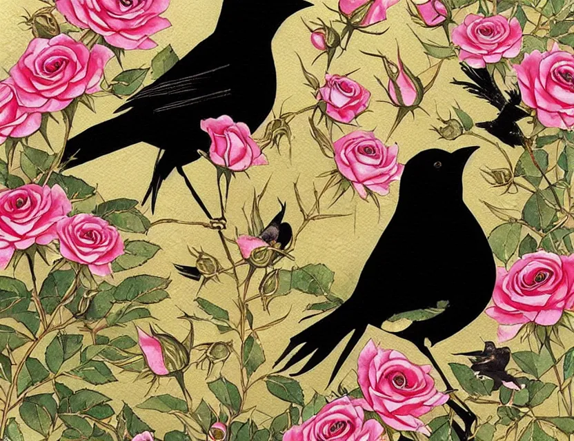 Prompt: faerie blackbird in a rose garden of the palace. this watercolor and gold leaf work by the award - winning mangaka has a beautiful composition and intricate details.