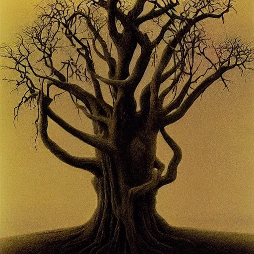 Prompt: a scary tree by zdzisław beksiński