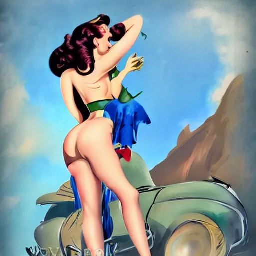 Image similar to a pinup illustration in the style of gil elvgren and in the style of anna dittmann.