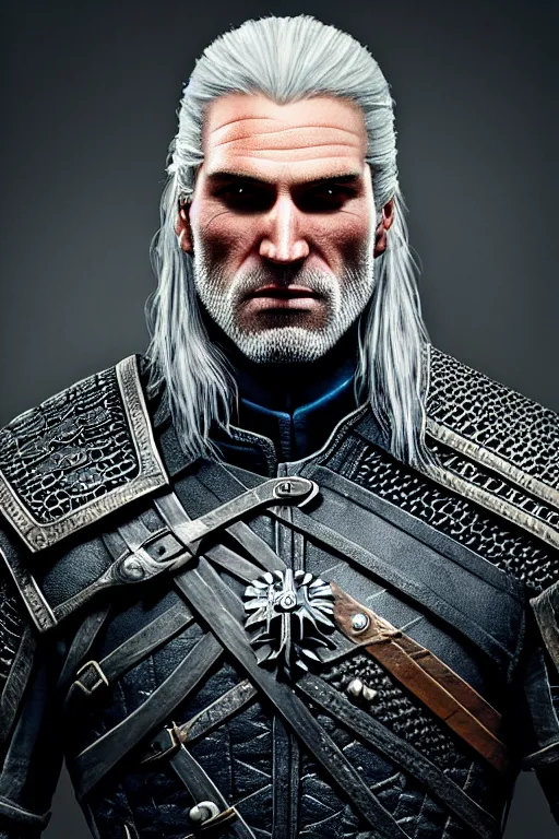 Image similar to portrait of geralt of rivia, 5 5 mm lens, professional photograph, times magazine, serious, stern look