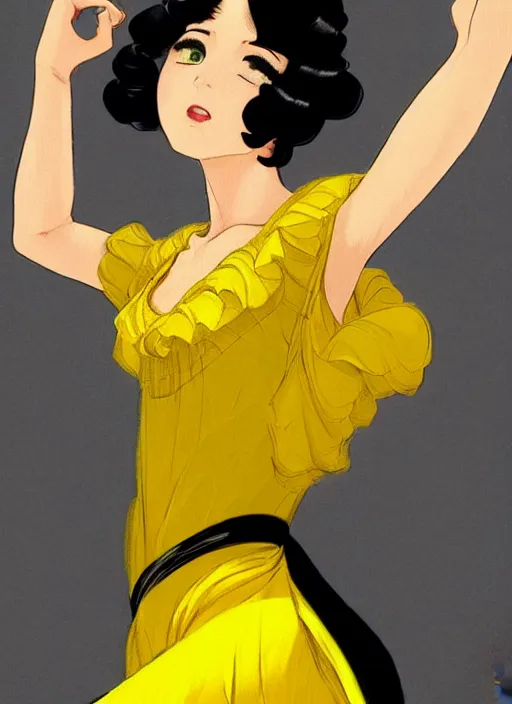 Image similar to a beautiful dancer in yellow with black hair in 1920's fashion, ballroom background, intricate, highly detailed, digital painting, artstation, official media, anime key visual, concept art, rich vivid colors, ambient lighting, sharp focus, illustration, art by Artgerm, Makoto Shinkai, Ilya Kuvshinov, Lois Van Baarle, and Rossdraws