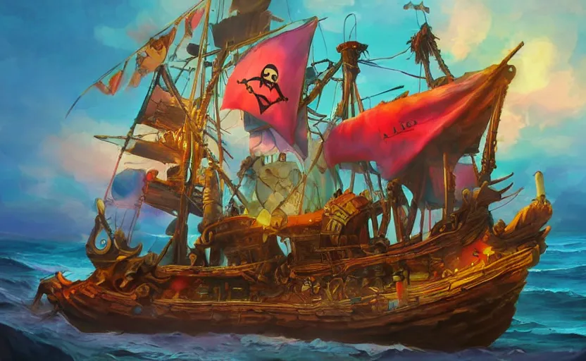 Prompt: pirate ship, storybook, colorful, lush, artstation, print