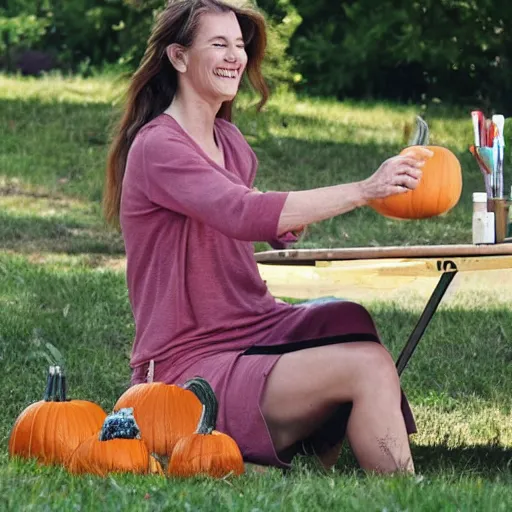 Prompt: A newspaper photo of a Caucasian woman sitting on a picnic table painting a funny face on a pumpkin