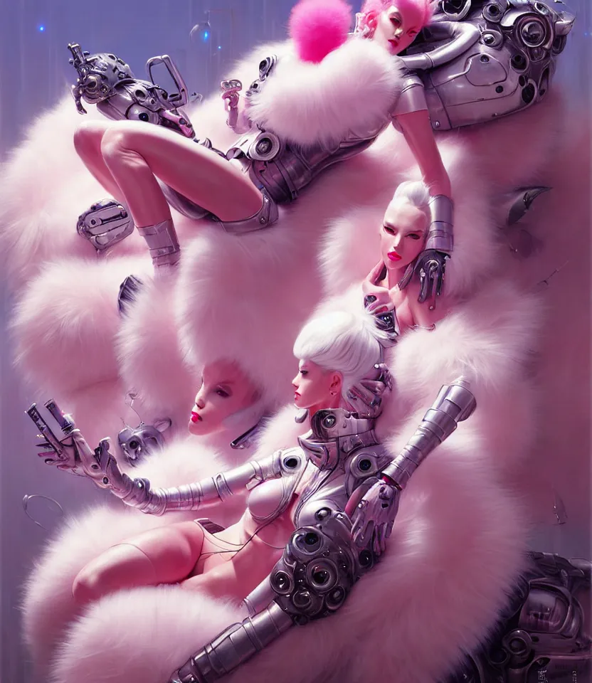 Image similar to beautiful fantasy character portrait, wearing pink puffy bomber jacket with white fur, seductive reclining pose, futuristic robots sitting, ultra realistic, dramatic lighting, robots, the fifth element artifacts, highly detailed by peter mohrbacher, hajime sorayama, wayne barlowe, boris vallejo, aaron horkey, gaston bussiere, craig mullins