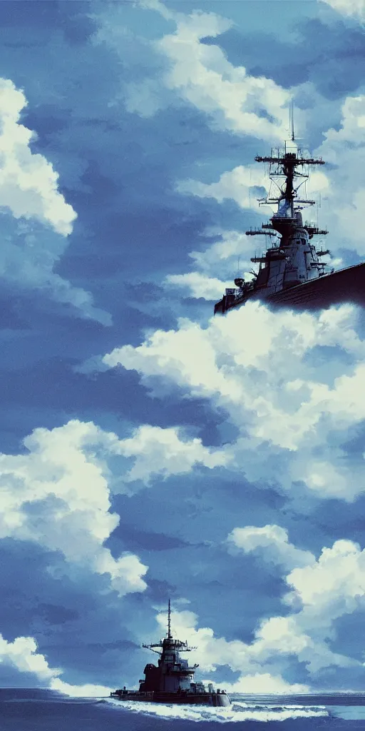 Image similar to japanese battleship fuso flying between clouds, by studio ghibli, dynamic composition, dramatic lighting, hyperrealistic, ultra detailed, nitro colors