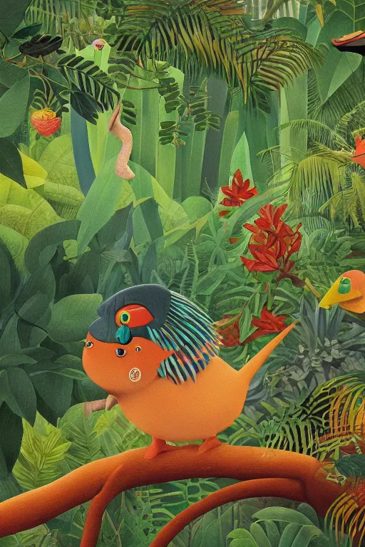Image similar to rare bird in the jungle, night, stars, highly detailed, unreal engine render concept art, style of henri rousseau and richard scarry and hiroshi yoshida