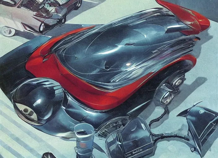 Image similar to ( ( ( ( ( jaguar e - type car, car concept art, sci - fi illustration, painting, in the style of danger diabolik 1 9 6 8 ) ) ) ) ) by vincent di fate and john berkey and danger diabolik!!!!!!!