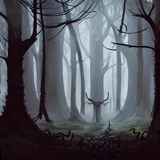 Image similar to a group of people standing in a dark forest, concept art by vincent proce, trending on cgsociety, sots art, lovecraftian, concept art, 2 d game art