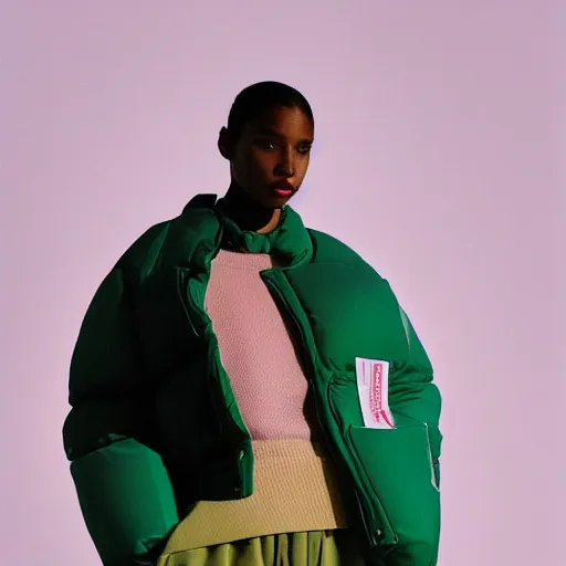 Image similar to realistic photoshooting for a new acne studio lookbook, color film photography, close up, model is wearing a puffer jacket, photo of a woman, photo in style of tyler mitchell, 3 5 mm, vetements, balenciaga, commes des garcon