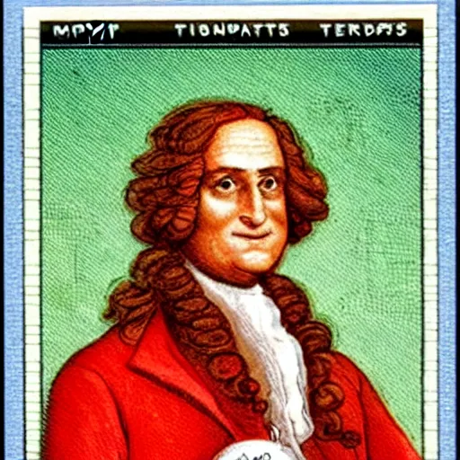 Image similar to mint condition topps rookie card trending on ebay of Isaac Newton inventing calculus while holding a red apple