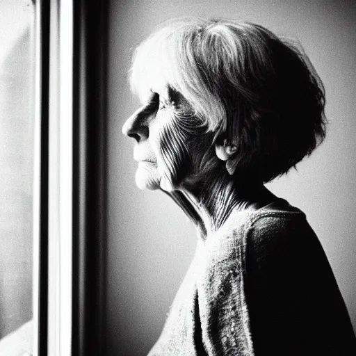 Image similar to black and white photograph portrait of a depressed mature woman standing by the window, natural light, lomo, film grain, soft vignette, sigma 85mm f/1.4 1/10 sec shutter