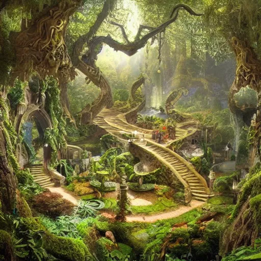 Prompt: a beautiful and highly detailed matte painting of an elven temple magical fantasy garden in a lush forest, intricate details, epic scale, insanely complex, 8 k, sharp focus, hyperrealism, by caspar friedrich and brian froud,