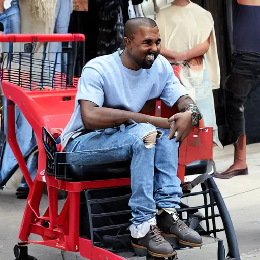 Image similar to kanye west sitting in a shopping cart grinning