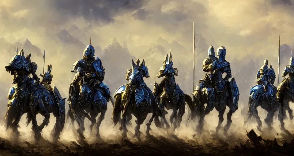 Prompt: army of fantasy knights wearing shiny silver armor some caring blue banners mounted on armored warhorses . Scenic view daylight, underexposed, clean horizon, matte painting by craig mullins and dan mumford, cinematic, high fantasy, style of Excalibur , concept art trending on artstation, 4k, insane details